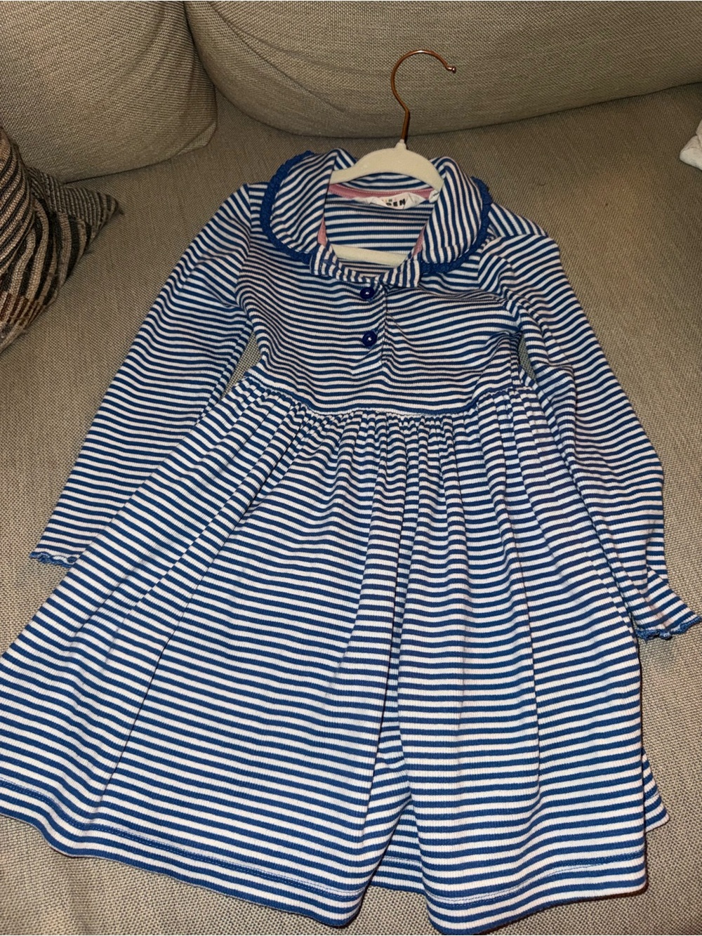 Girls' Blue & White Striped Long-Sleeve Dress